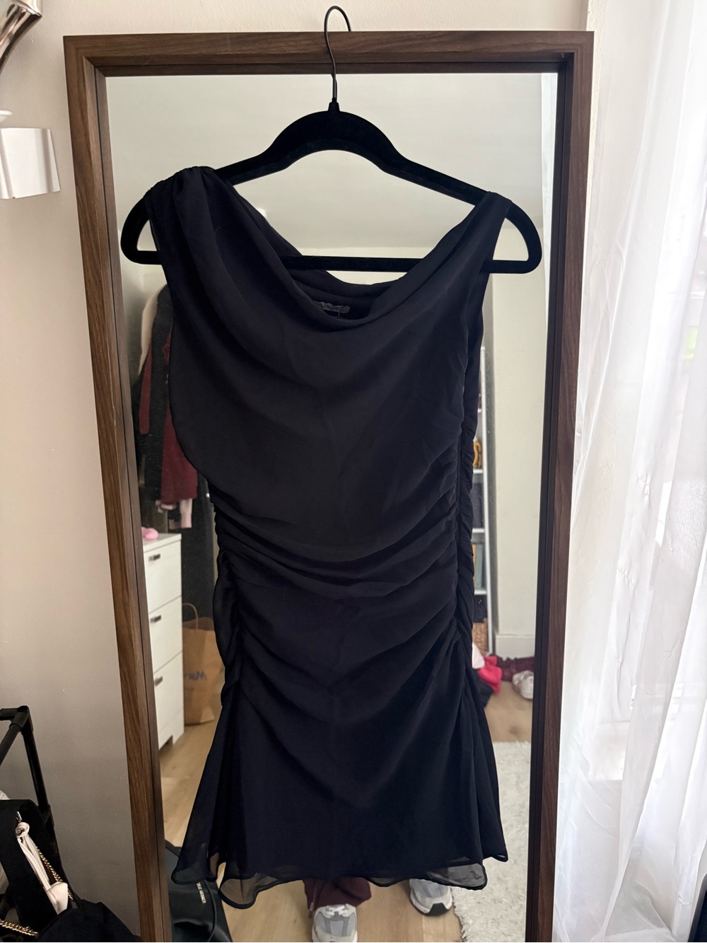 Abercrombie & Fitch Black One-Shoulder Ruched Cowl Dress